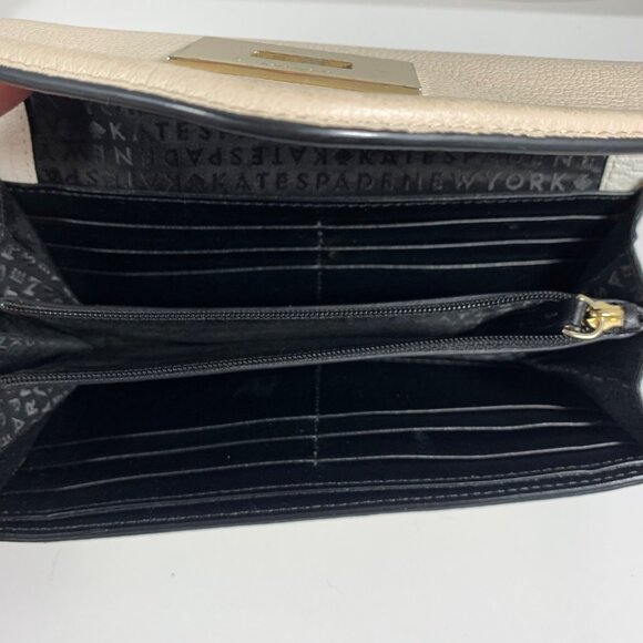KATE SPADE Turnlock Wallet Clutch Black Off-White Tan Colorblock Leather - Picture 10 of 12